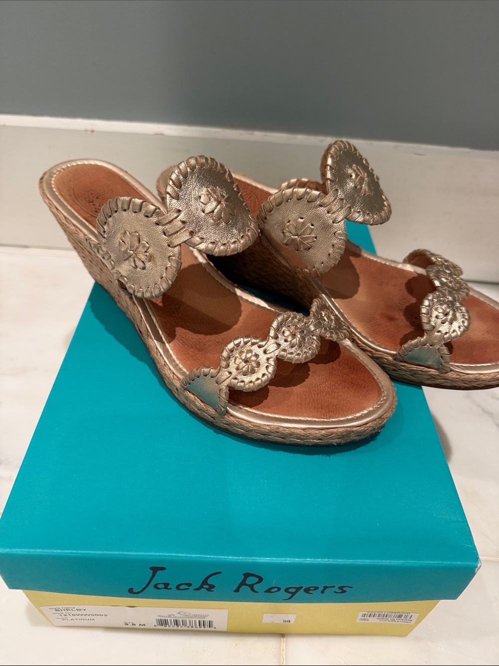 Jack Rogers Gold Leather Wedge Sandals size 9.5